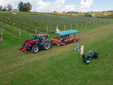 Tractor pulling a trailer with passengers through a farm orchard.