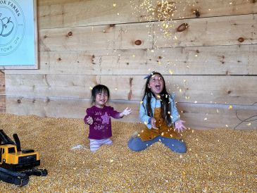Two kids playing gleefully in a large pile of corn kernels.
