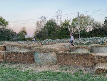 Children running on hay bales in a rural field at sunset.