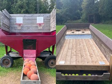 Two outdoor game setups with balls and targets.