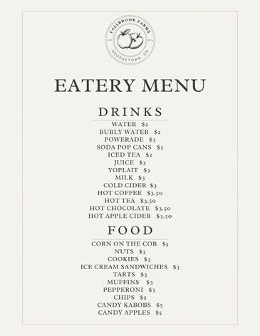 Eatery menu with drinks and food items listed.
