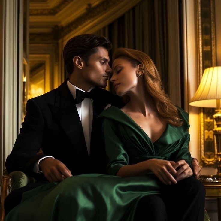 Elegant couple in formal attire sharing a romantic moment indoors.