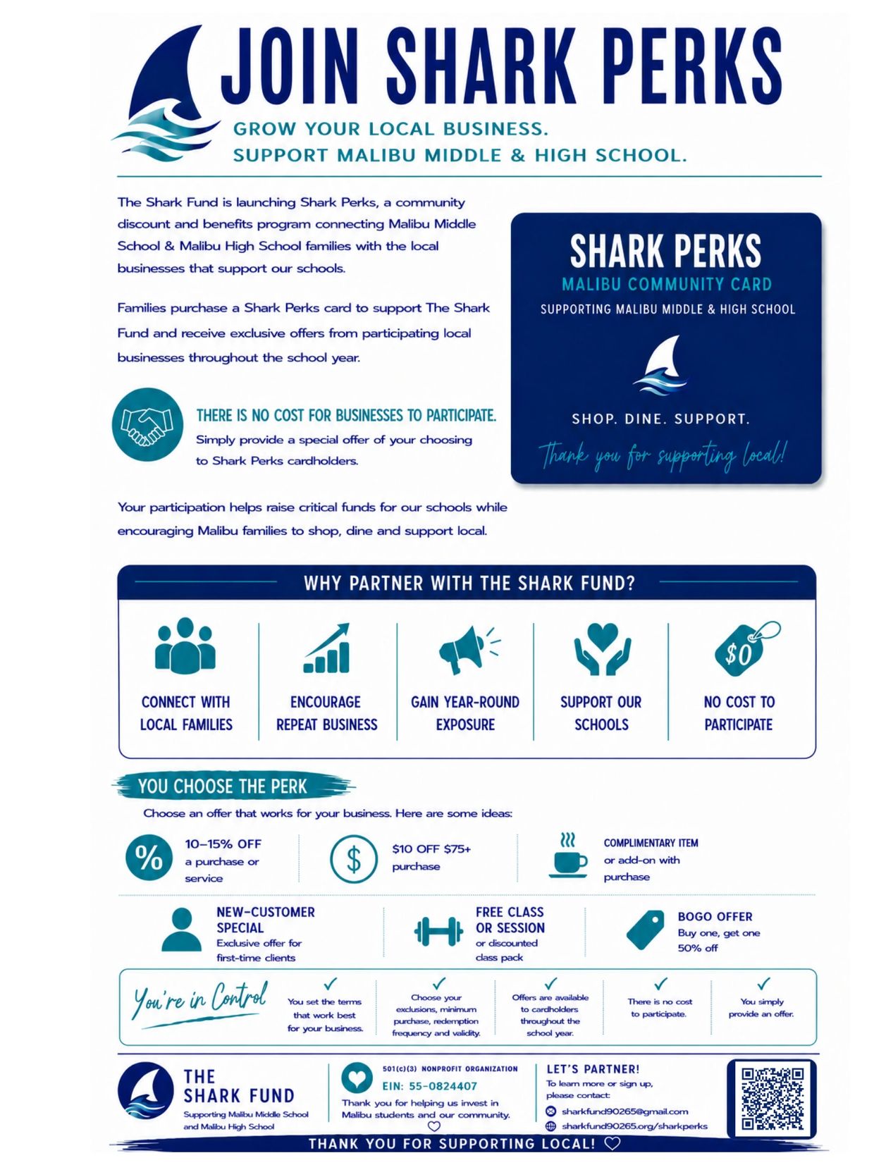 Join Shark Perks to support Malibu schools and grow your business.