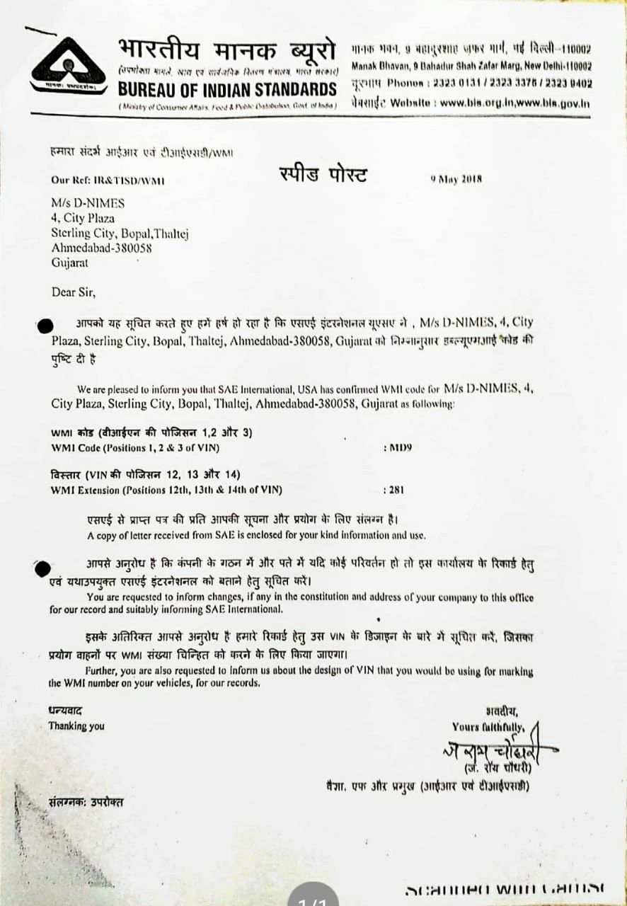  ISO and BIS Certificate for 3 Wheelers by SAE International, USA for ISO 3780 and BIS, New Delhi.