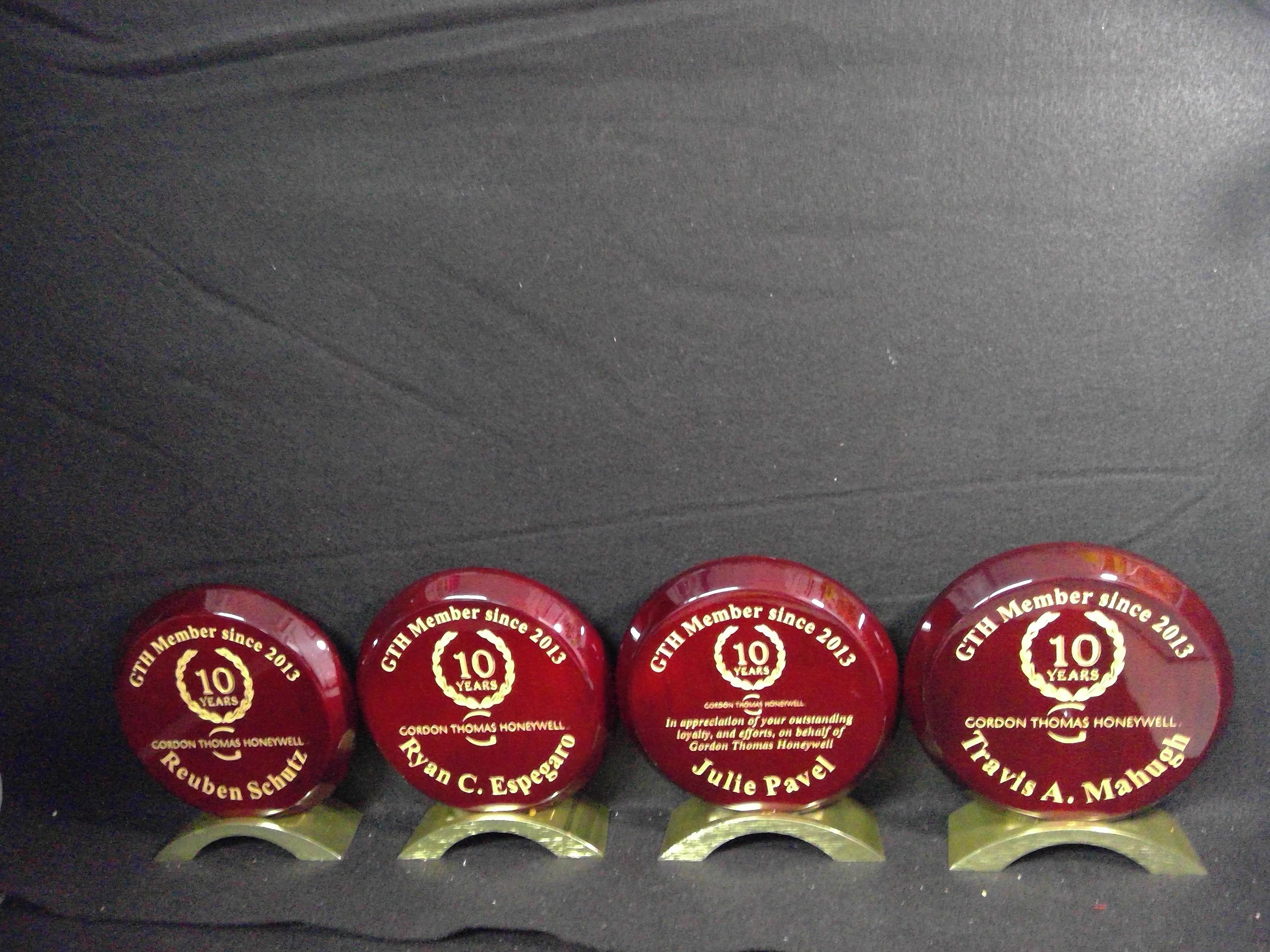 Engraved rosewood awards from Tacoma Trophy