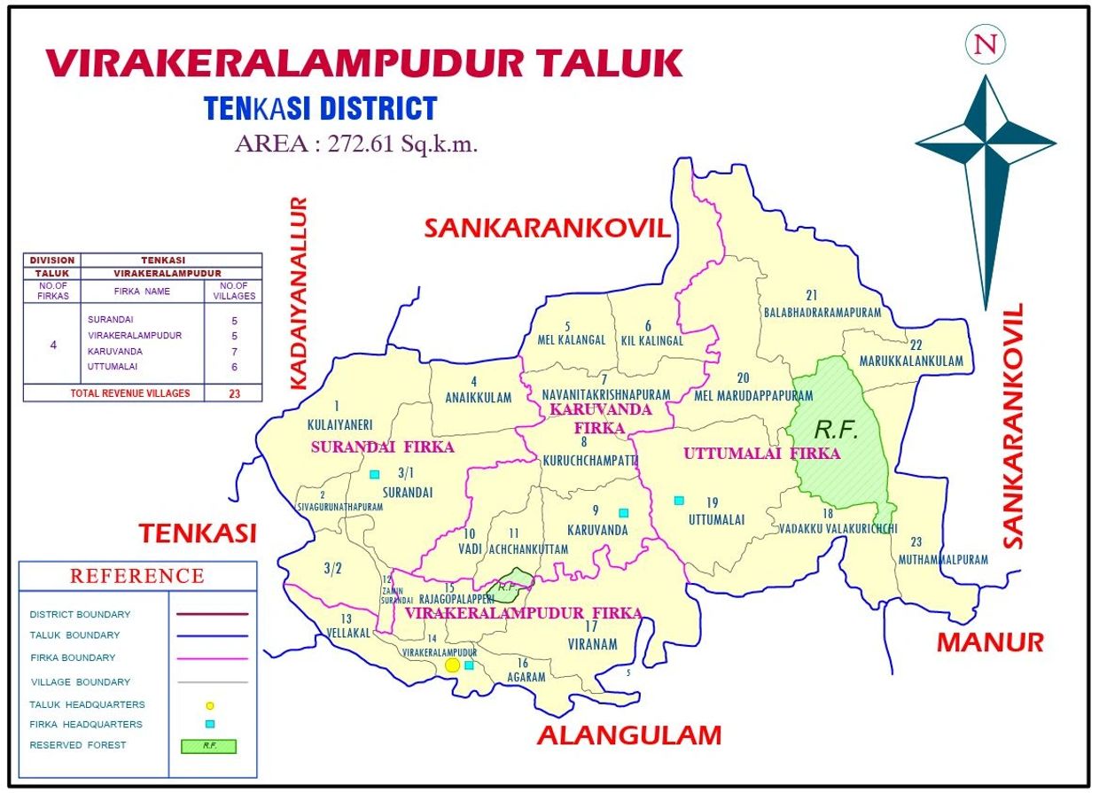 Map of Virakeralampudur Taluk in Tenkasi District with boundaries and villages marked.