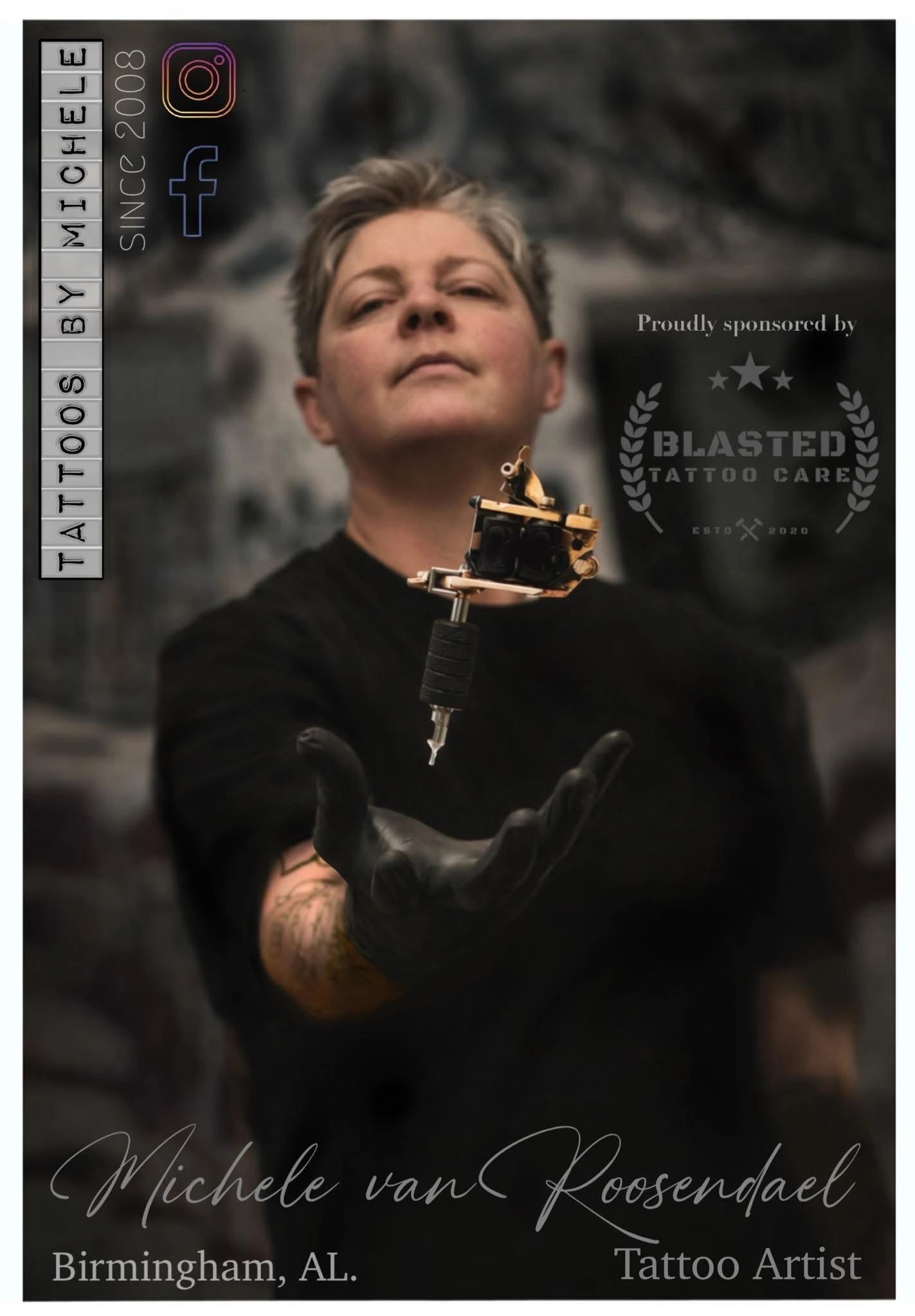 Tattoo artist Michele van Roosendael holding a tattoo machine confidently.