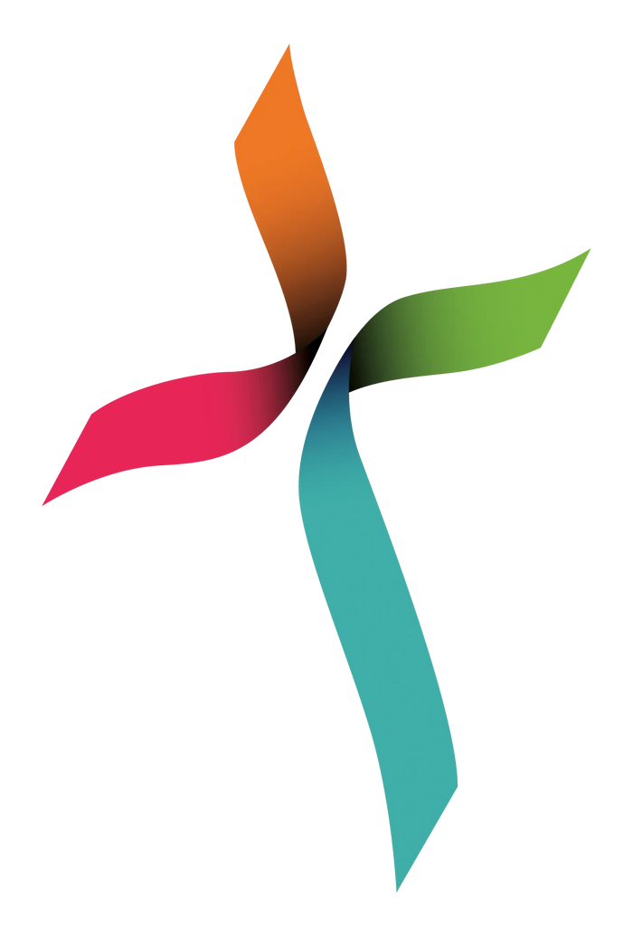 Colorful abstract cross design with four flowing ribbons.