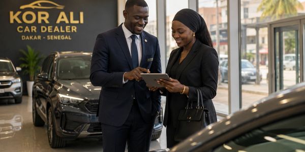 Car dealer helping a customer at Kor Ali Car Dealer in Dakar.