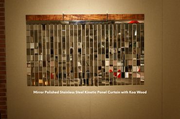 Mirror Polished Stainless Steel Kinetic Panel Curtain with Koa Wood
