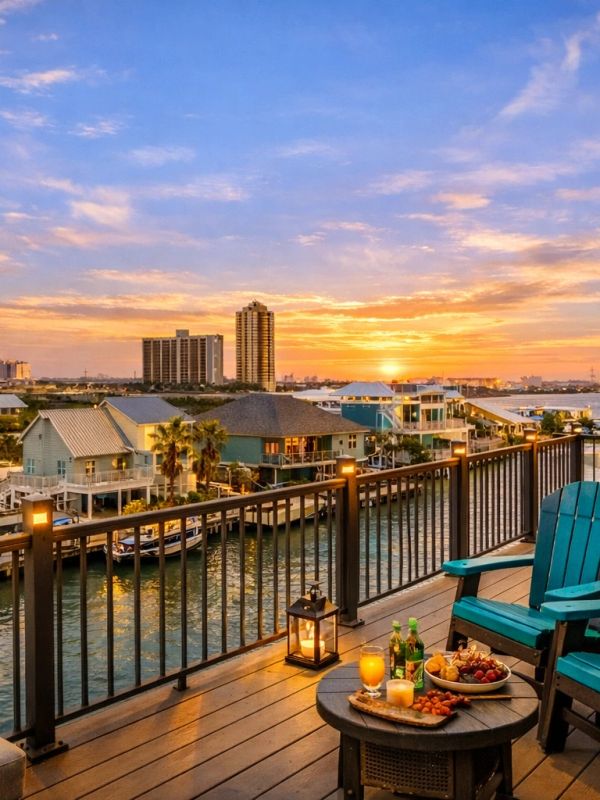 Sunset view from a cozy waterfront balcony with snacks and drinks.