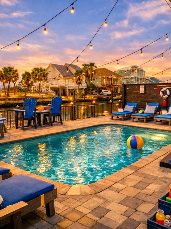 Cozy poolside setting with string lights and colorful chairs at sunset.