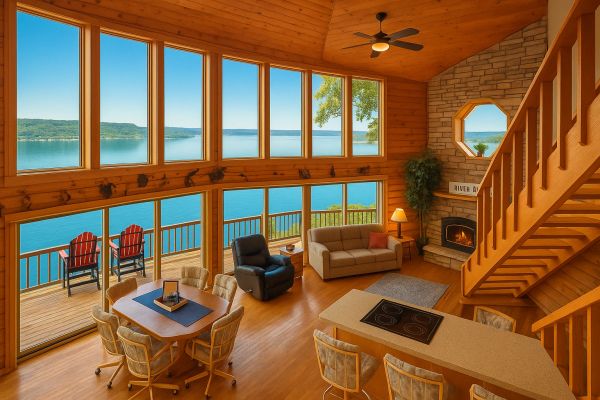 Spacious lakeside cabin interior with large windows and wooden decor.