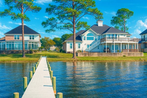 A wooden dock leads to houses by a serene lake under a clear blue sky.