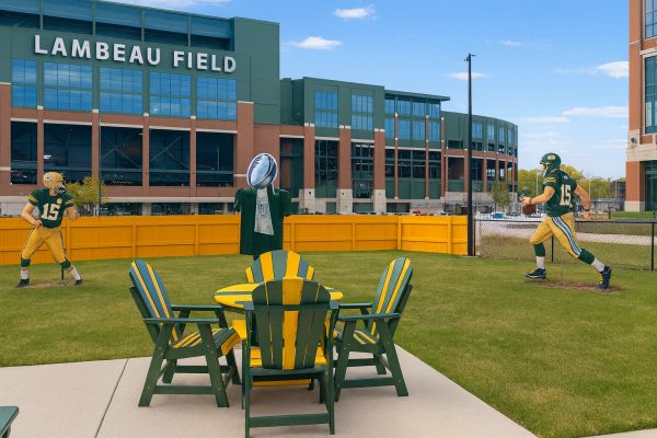 Outdoor scene at Lambeau Field with two football player statues and a table with chairs.
