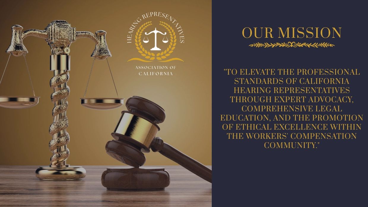 Golden scales of justice and gavel with mission statement of California Hearing Representatives Association.