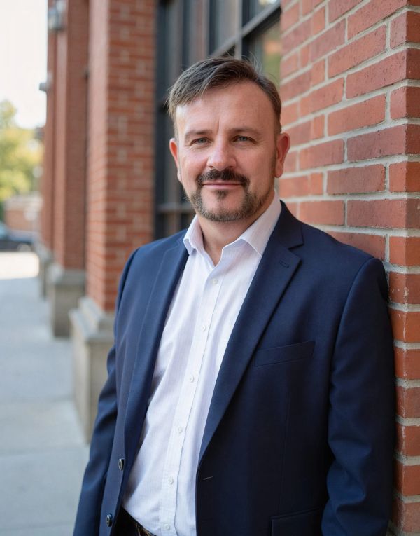 Man in a navy blazer leaning against a brick wall.
