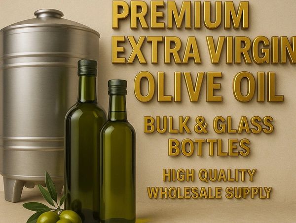 Premium extra virgin olive oil in bulk and glass bottles, high quality wholesale supply.