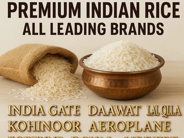 Premium Indian rice from top brands displayed with rice grains and bowl.