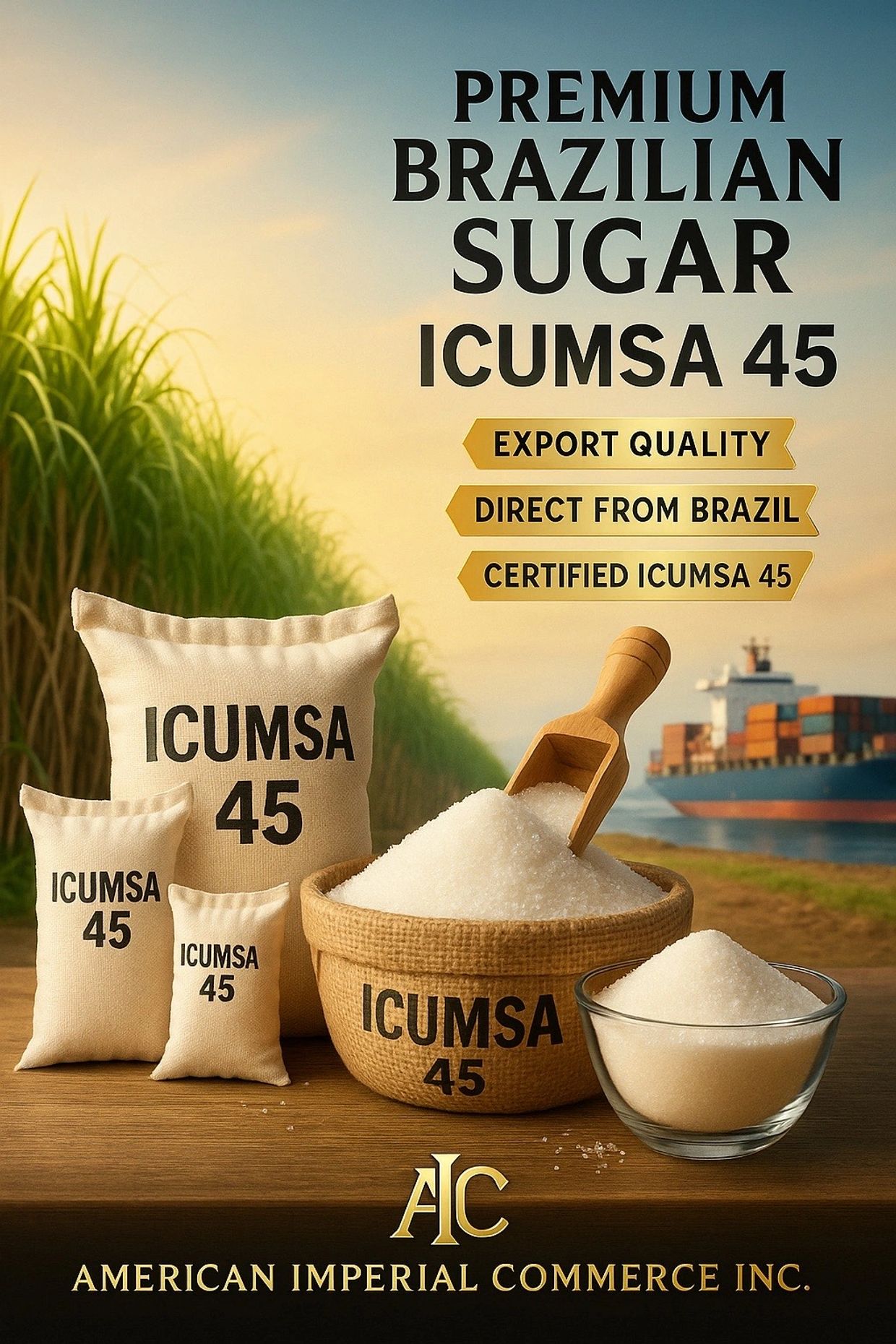 Premium Brazilian ICUMSA 45 sugar bags and loose sugar with export quality from American Imperial Commerce Inc.