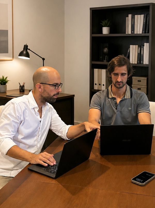 Two men working together on laptops at a wooden table in an office.