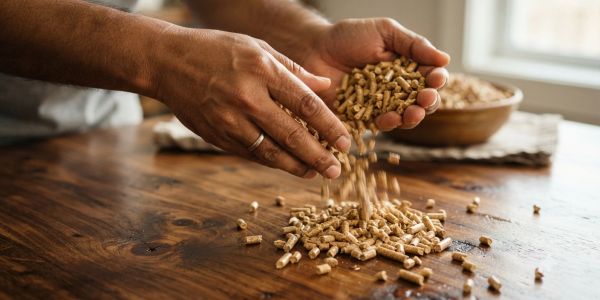 Hands pouring wooden pellets on a table.