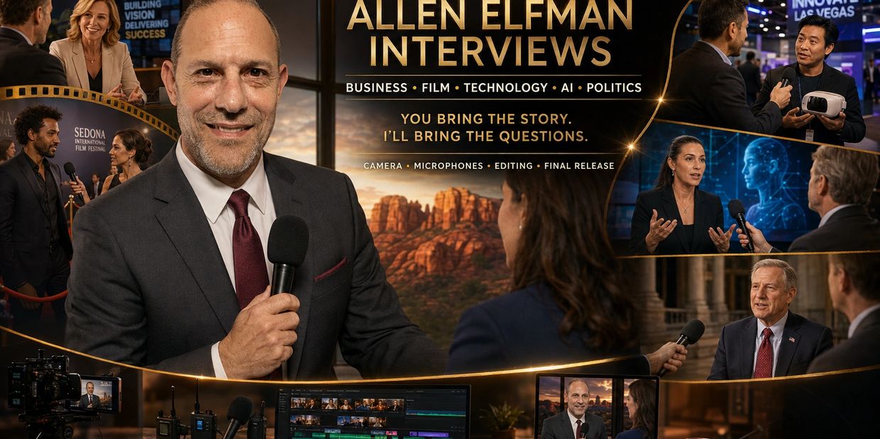 Allen Elfman conducts interviews on various topics with professional equipment.