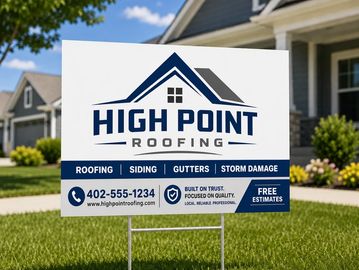 Yard sign for High Point Roofing with contact info.