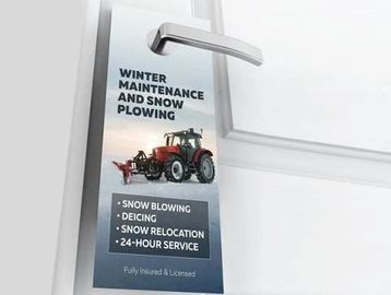 Door hanger advertising winter maintenance and snow plowing services.