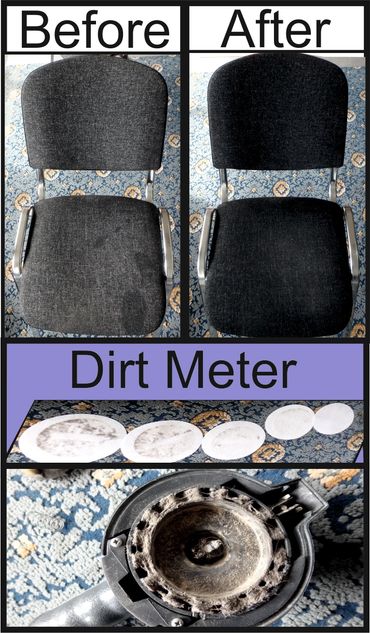 Before and after cleaning of a chair showing removed dirt.