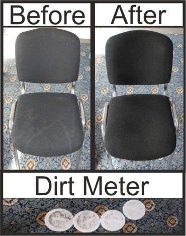 Before and after cleaning a chair showing visible dirt reduction.