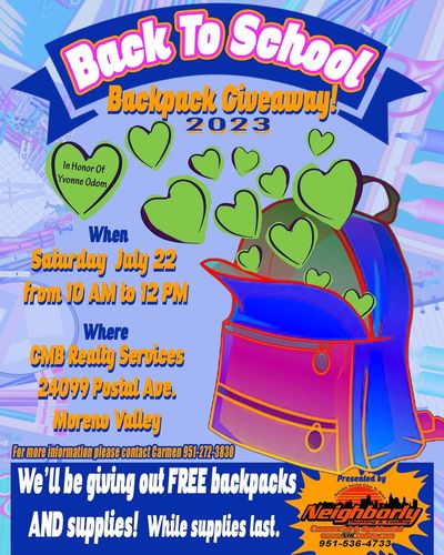 Backpack drive event flyer! Offered thanks to our wonderful volunteer and boardmember, Paula Johnson