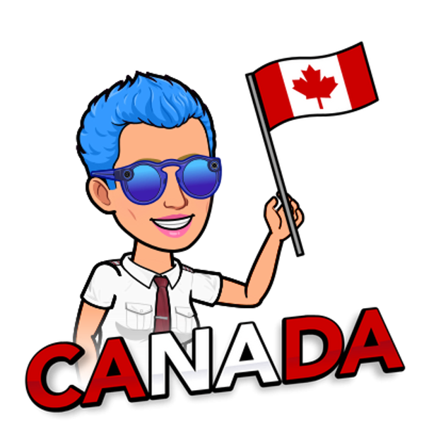 This is a cartoon of Kimberly with her blue hair proudly displaying the Canadian flag in hand.