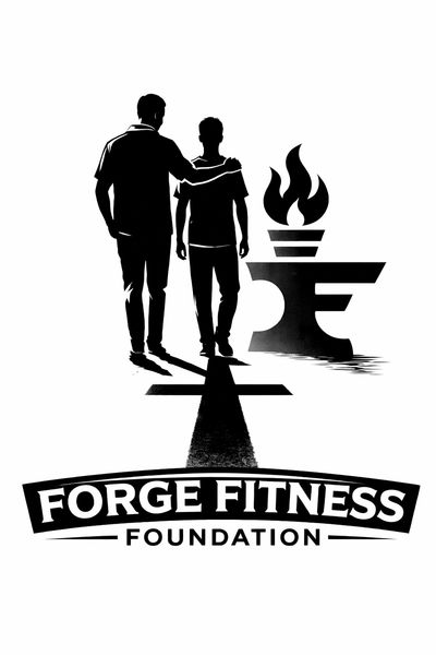 Silhouette of two people with an anvil and flame, symbolizing strength and support.