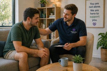 A supportive counselor comforts a man in a casual setting.