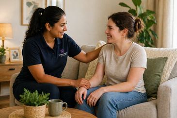 A caregiver warmly supports a woman sitting on a couch at home.