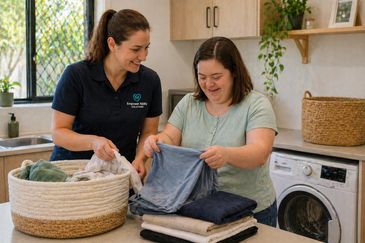 Caregiver assisting woman with Down syndrome folding laundry joyfully.