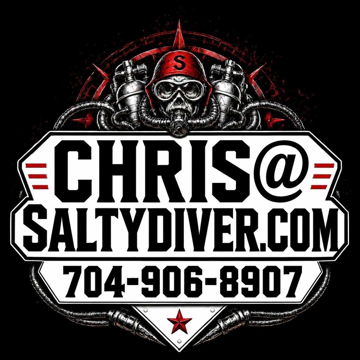 Logo for Chris at SaltyDiver.com with contact number and diver skull design.