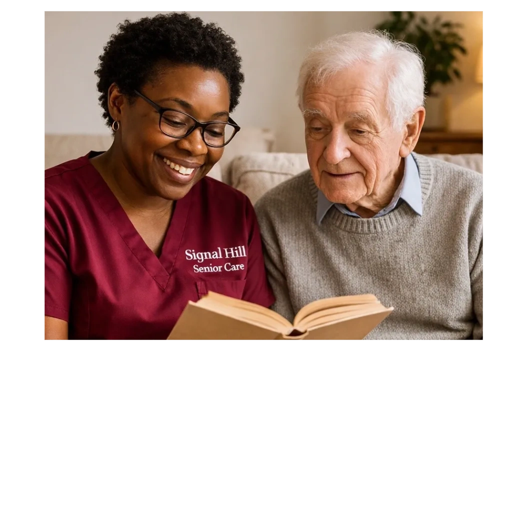 A caregiver from Signal Hill Senior Care reads a book with an elderly man.