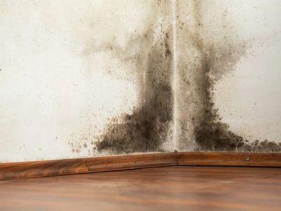 Mold growth on a wall corner above wooden flooring.