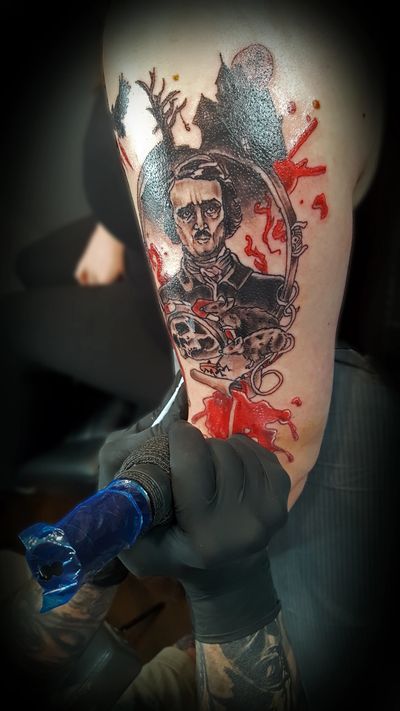 Edgar Allan Poe trash polka custom tattoo by Inkslinger Erick