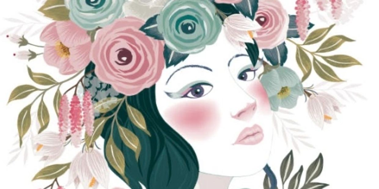 Illustration einer jung aussehenden hübschen Frau geschmückt mit vielen bunten Blumen