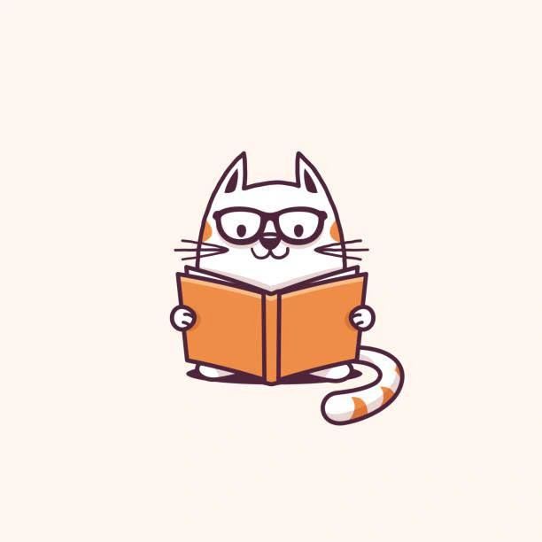 Illustration Lesekatze mit Brille aufgesetzt und mit den Pfoten haltend ein geöffnetes Buch