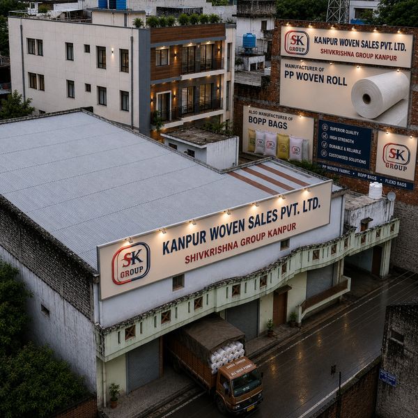 Industrial building of Kanpur Woven Sales Pvt. Ltd. with branded signage and delivery truck.