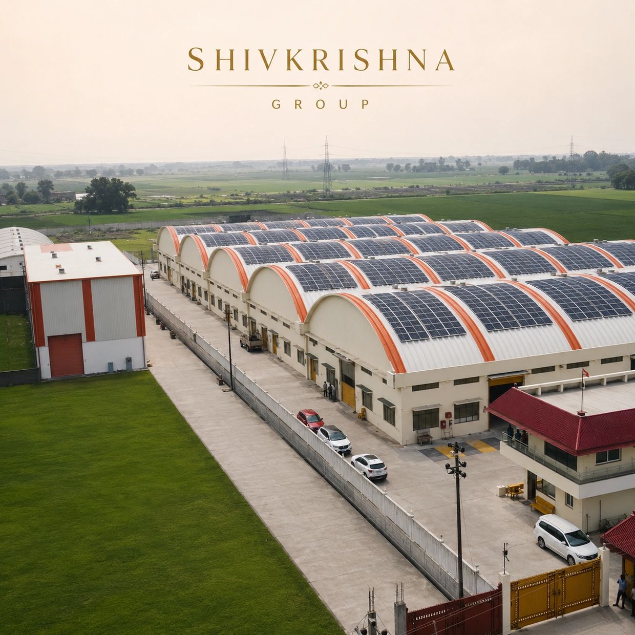 Aerial view of Shivkrishna Group's solar-paneled industrial buildings in a green landscape.