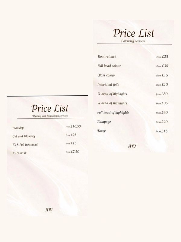 Price list for washing, blowdrying, and colouring services with various options and prices.