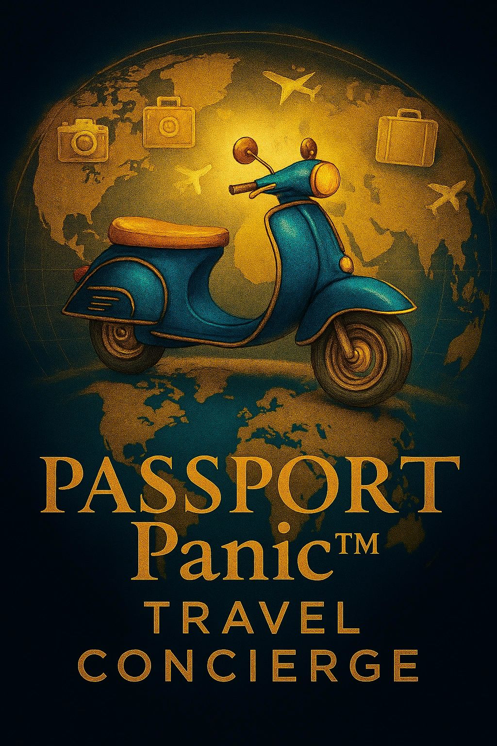 Vintage scooter in front of a world map with travel icons and Passport Panic travel service text.
