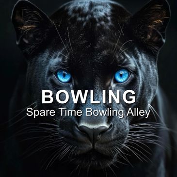 Close-up of a black panther with striking blue eyes and bowling alley text.