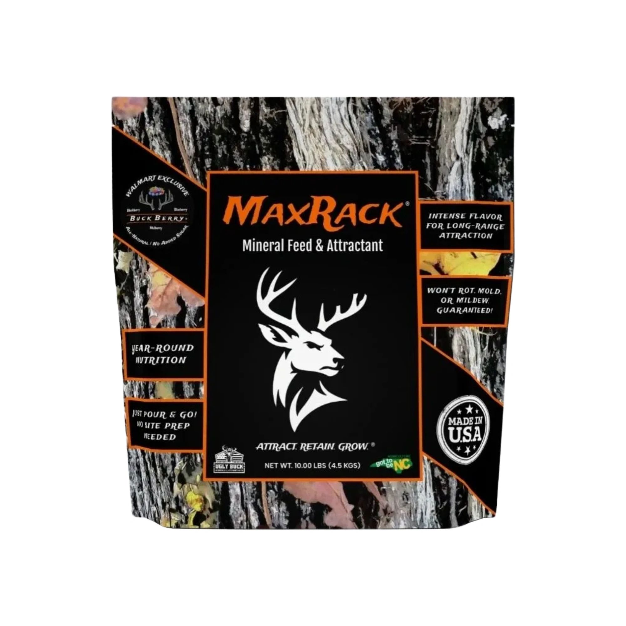 MaxRack mineral feed and attractant for deer with year-round nutrition.