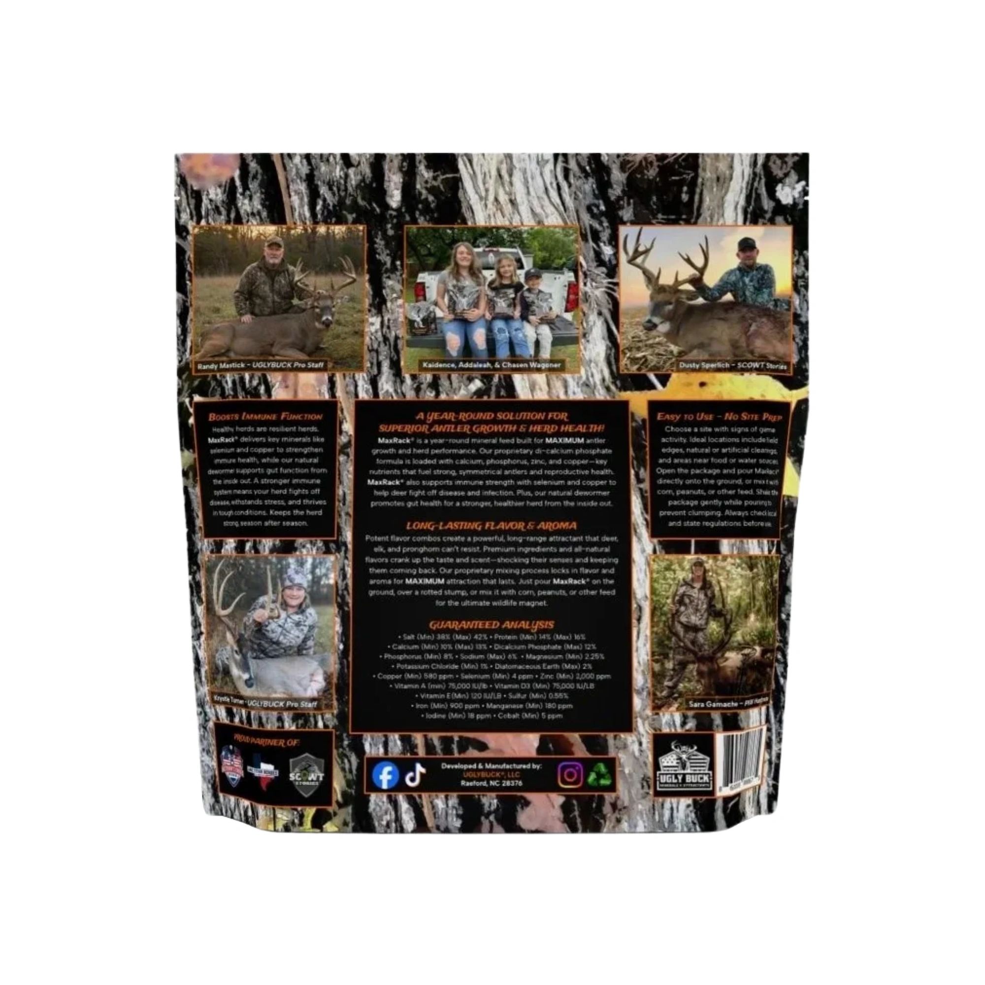 Hunting-themed product packaging featuring deer and hunters with detailed product benefits and usage instructions.